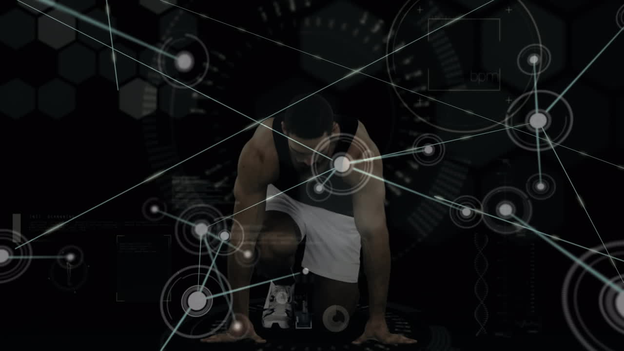 연결 네트워크의 애니메이션 및 데이터 처리가 남성 러너를 통해