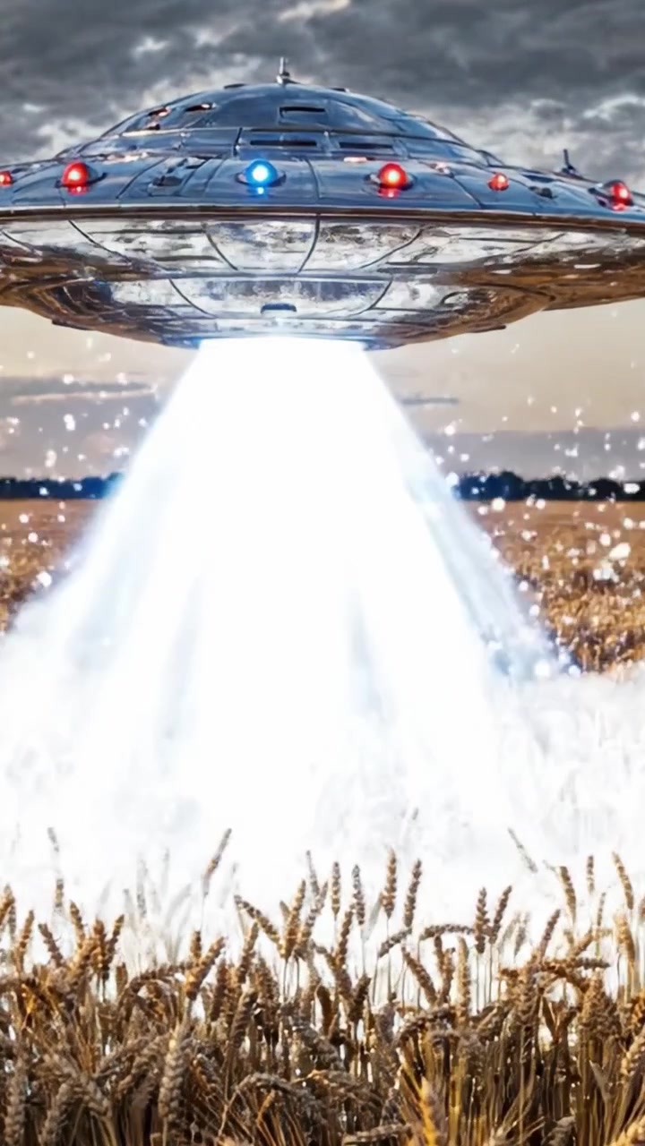 A Mysterious UFO Descends Over a Golden Wheat Field, Illuminating the Stalks Below with a Beam of Light, Creating an Intriguing Sci-Fi Scene of Extraterrestrial Encounter