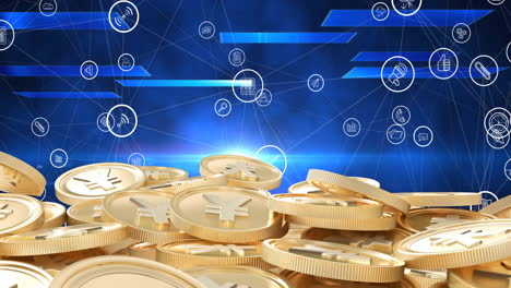 animation of digital icons over stacks of gold yen coins on blue background