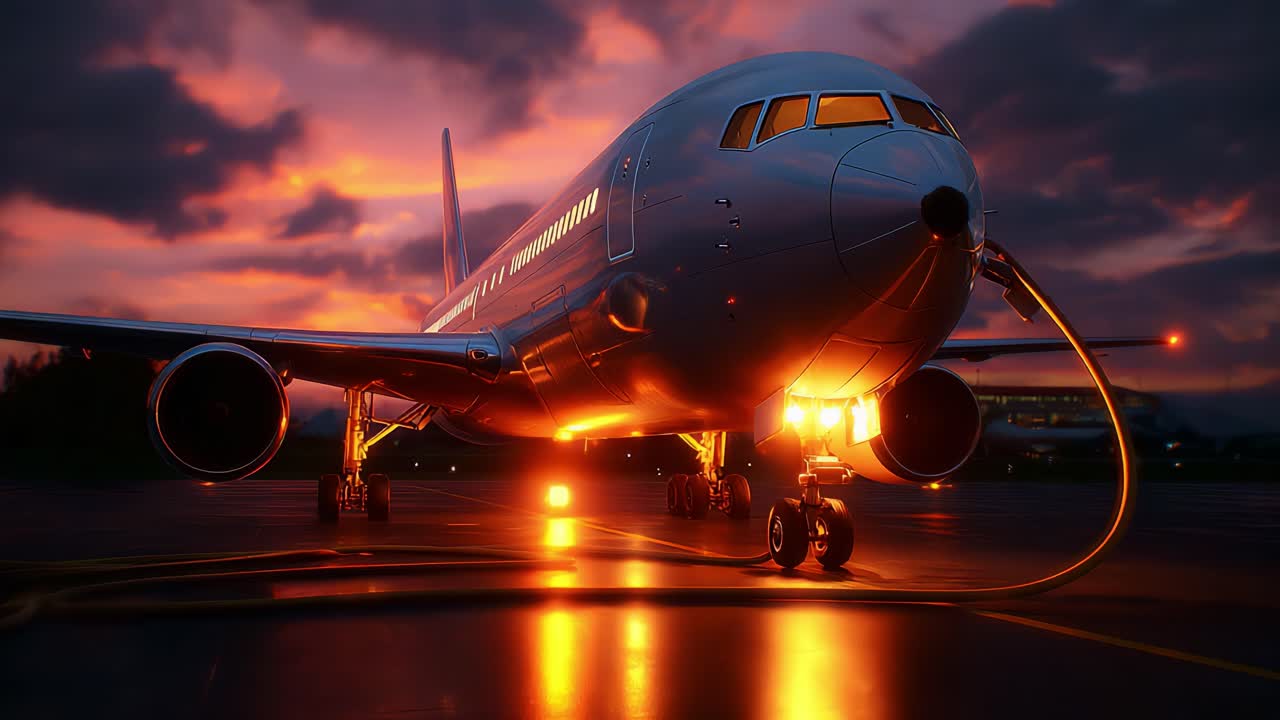 A stunning view of a modern airplane refueling at dusk, illuminated by vibrant sunset hues, showcasing the engineering marvel against a dramatic cloud-filled sky while reflecting on the shiny surface
