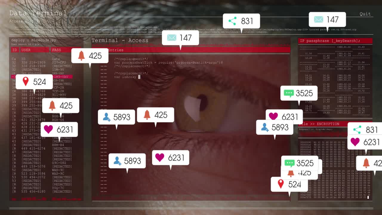 데이터 모니터링을 활성화하는 동안 코드 표시와 함께 남자의 눈에 붉은 터미널 오버레이가 흐려지고 알림이 급증하고 있어요