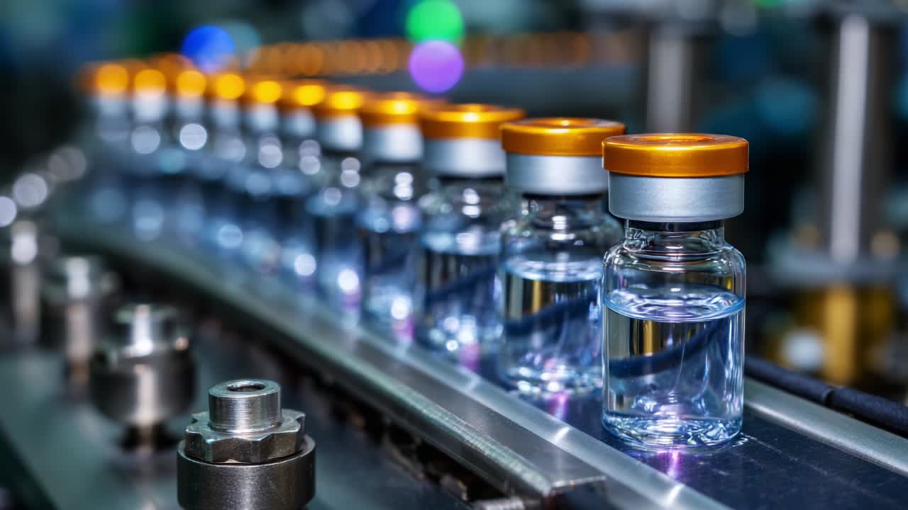 Close-up of a Production Line with Multiple Clear Vials Showcasing Transparent Liquid and Gold Caps, Highlighting Efficient Bottling Process in a Controlled Environment