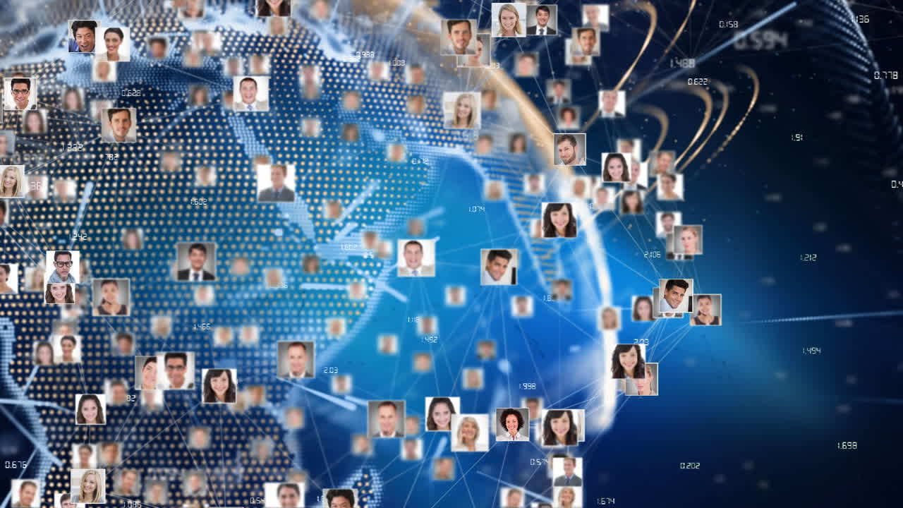 Animation of profile pictures and lines around globe against numbers on blue background