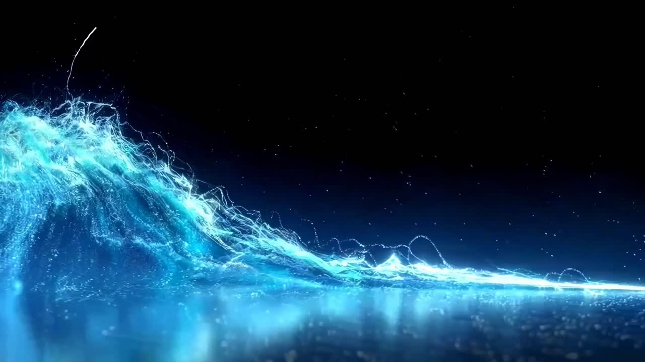 Dynamic wave of blue light particles in motion, captured from a side angle in a video style