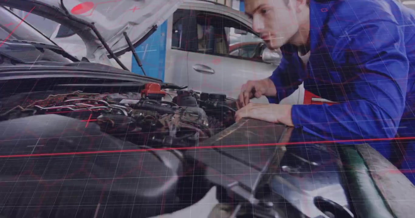 Auto tech leaning over engine bay scanning wiring and tuning intake while red grid marks gap