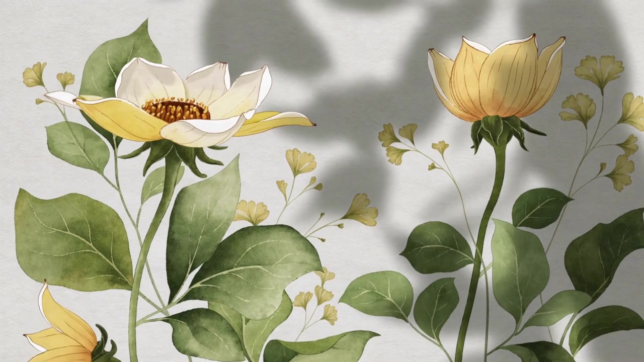 Due alti fiori gialli che si schiudono lentamente su uno sfondo chiaro e texturizzato mentre un'ombra leggera passa.