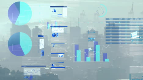 animation of multiple graphs, loading circles and trading board over aerial view of modern buildings