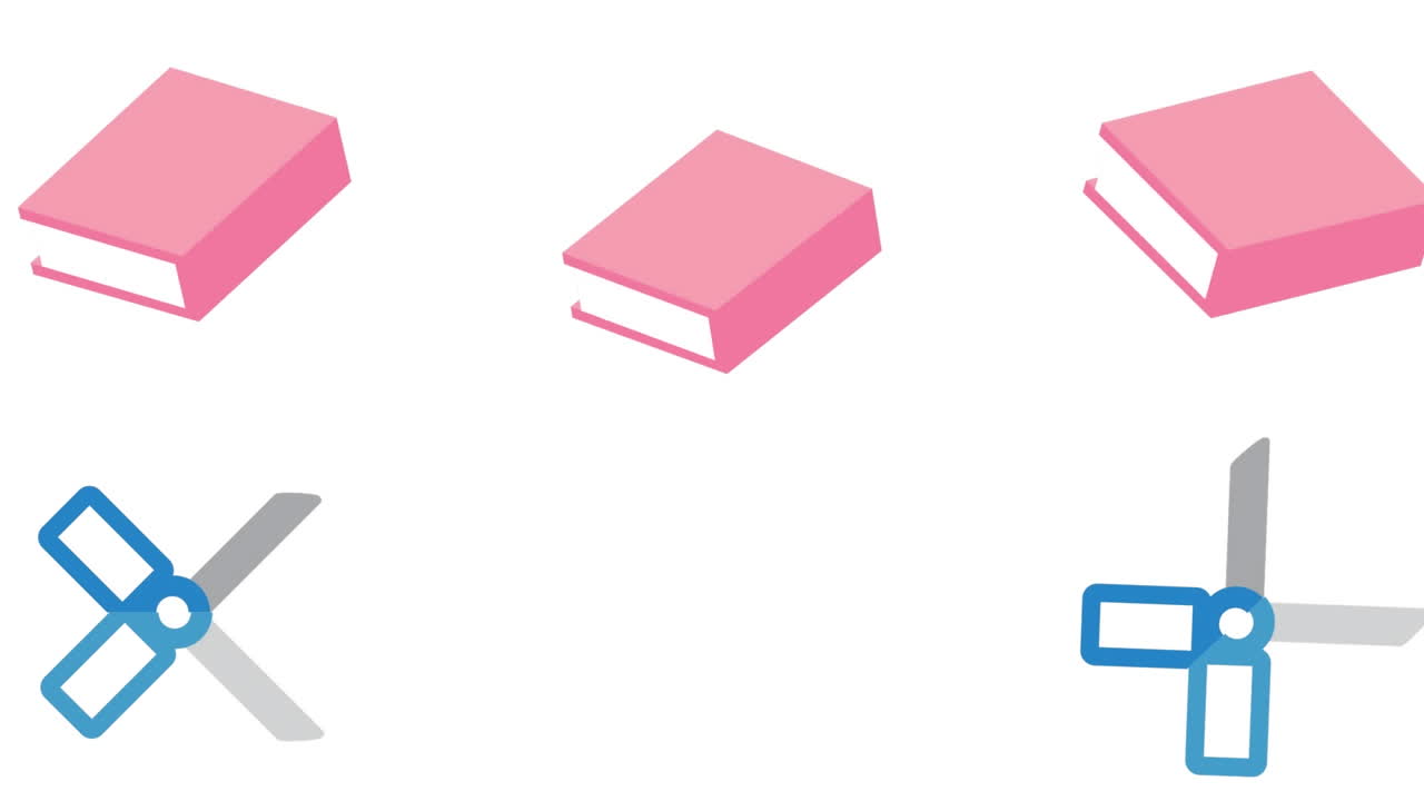 Animation of rows of school items bouncing on white background