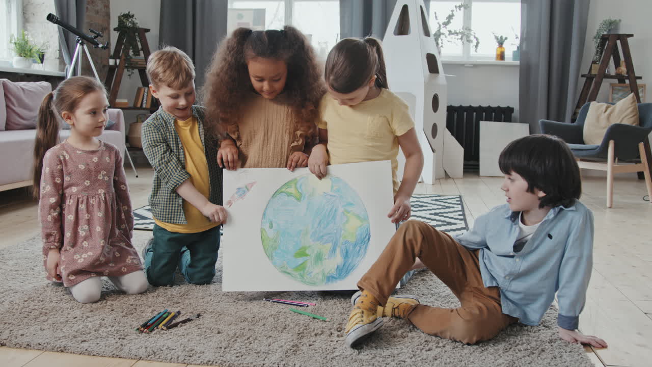 Portrait of Kids with Drawing of Planet Earth