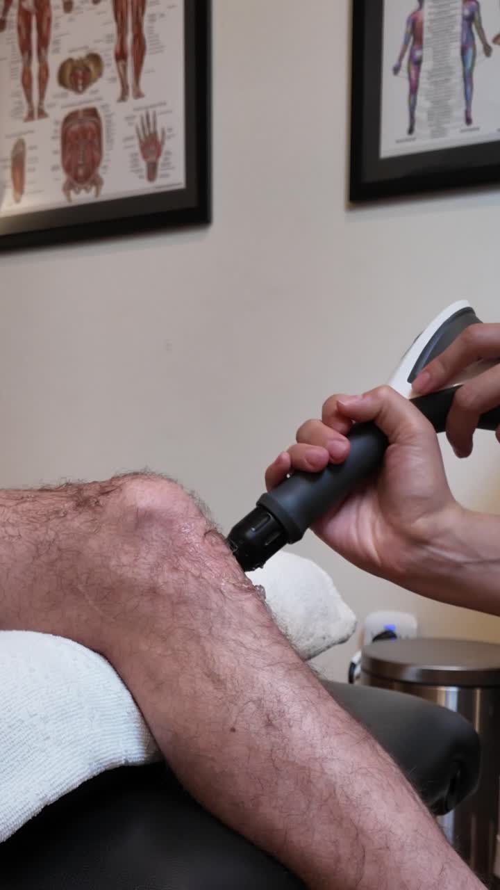 Close-up of radial shockwave therapy device targeting the patellar tendon of the knee during a pain management session in a clinical rehab setting. Anatomical chart and equipment in the background.
