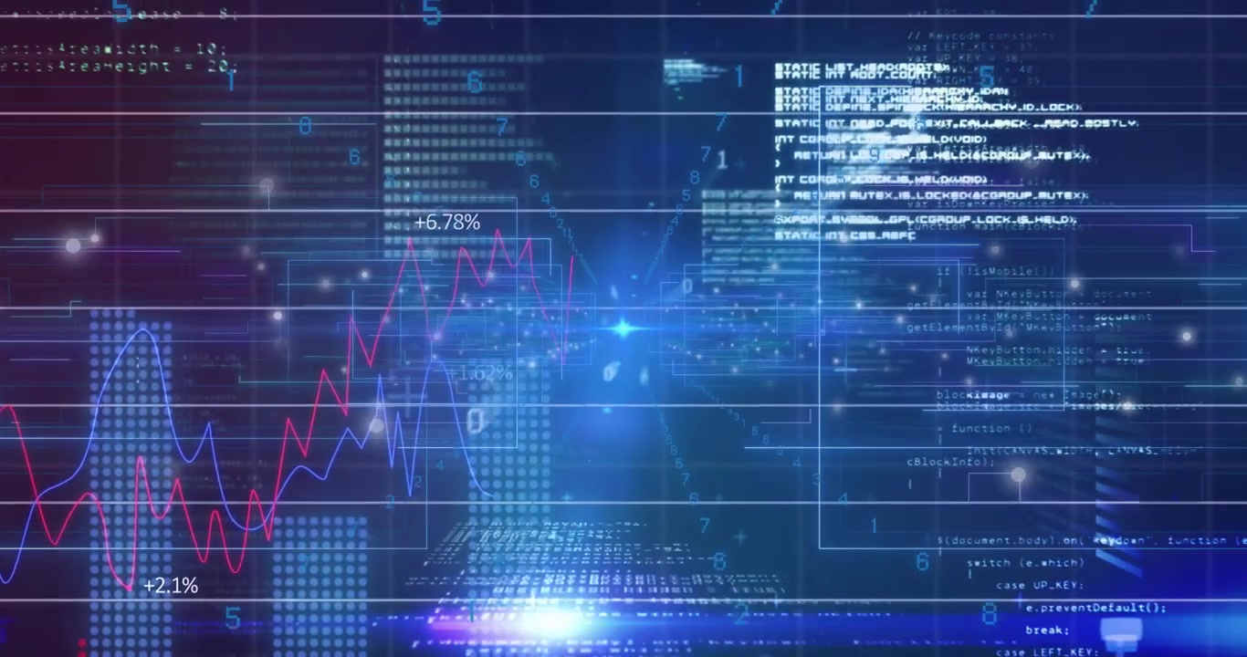 Raggio in alto a destra che si muove verso un nodo blu centrale e un HUD, animando grafici finanziari che mostrano codice scorrevole.