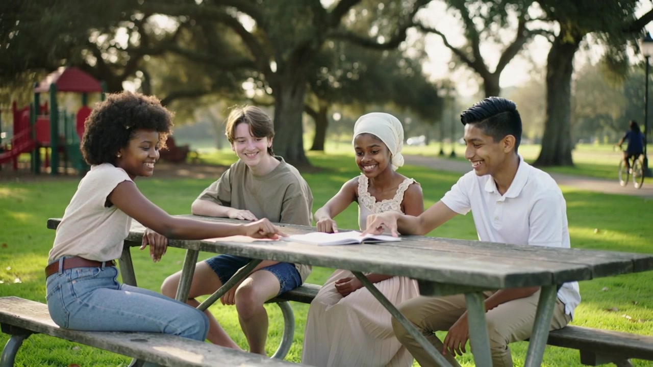 Pointing left teen starting study at picnic table in park, peers leaning, turning textbook pages