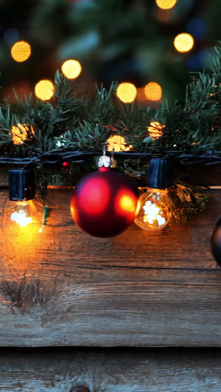 A Christmas tree with lights and ornaments hanging from it. The lights are lit up and the ornaments are red and blue
