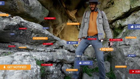 exploring rocky terrain, man receiving social media notifications animation