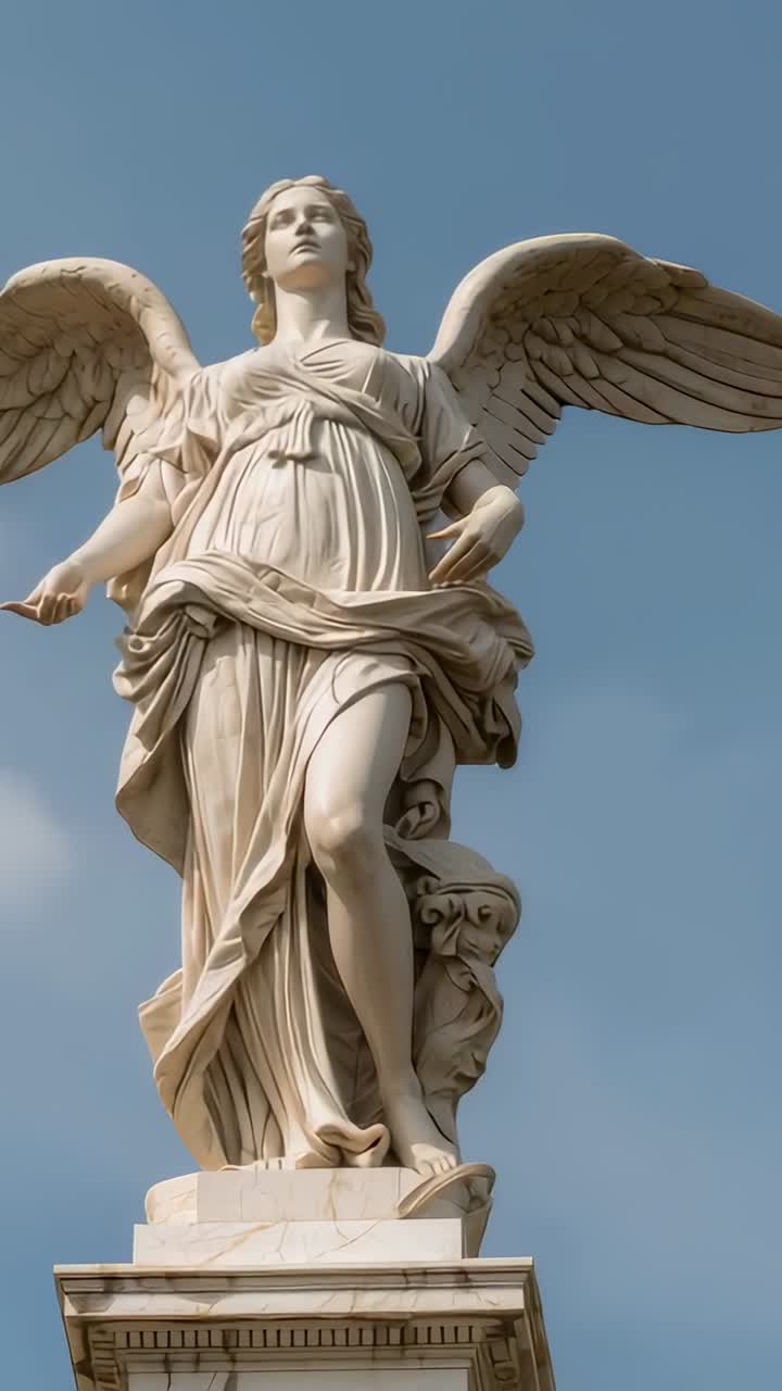 Vertical video: Pulling back camera, revealing marble angel with wings on plinth, sky clouding