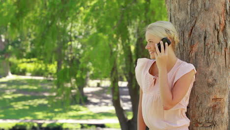 a woman standing by a tree talking on her phone as she hangs up at looks at the camera