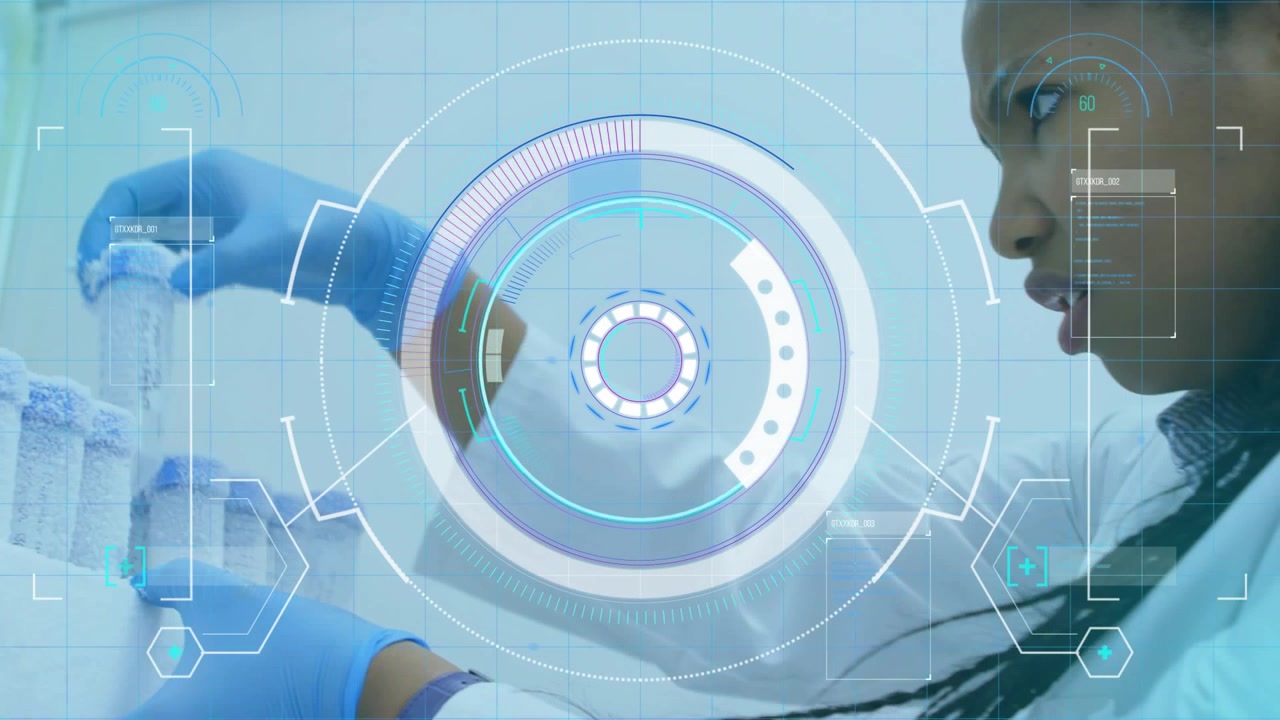 Lab scientist lifting frost-coated vial and activating rotating data overlay for sample inspection