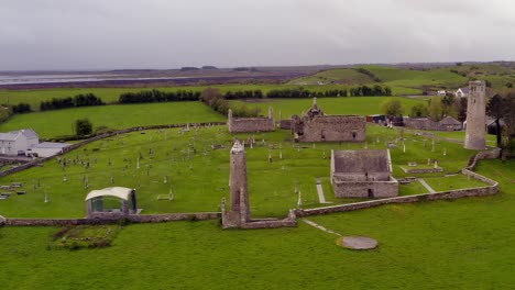 Beautiful-aerial-parallax-of-Clonmacnoise-early-Christian-settlements-in-Europe