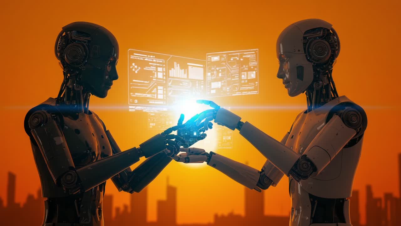 Robots Interacting with Advanced Technology: A Vision of Artificial Intelligence in a Futuristic Cityscape at Sunset