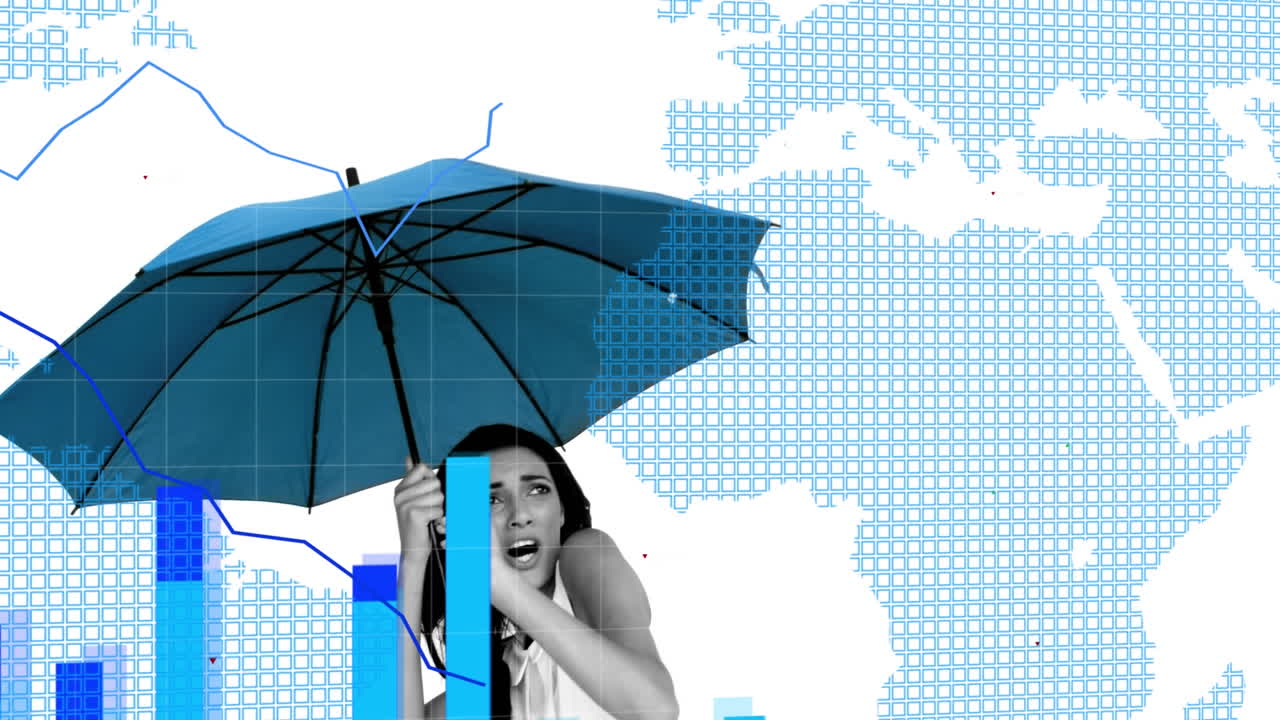 Elaborazione di dati finanziari e mappa del mondo su uno sfondo di donna con ombrello