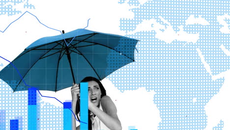 procesamiento de datos financieros y mapa del mundo contra la mujer con el paraguas
