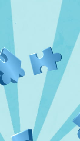 animation of blue puzzle pieces falling over in blue spinning stripes on blue background