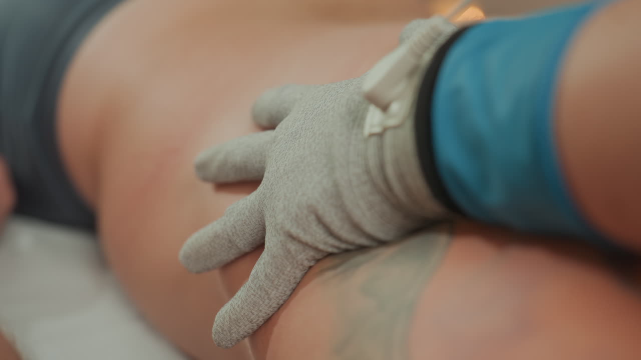 Primo piano della schiena tatuata di un caucasico sotto un guanto a microcorrente, mentre un'estetista guida un elettrodo conduttivo sulla pelle inchiostrata. Contatto preciso e pressione delicata evidenziano la texture. Illuminazione clinica.