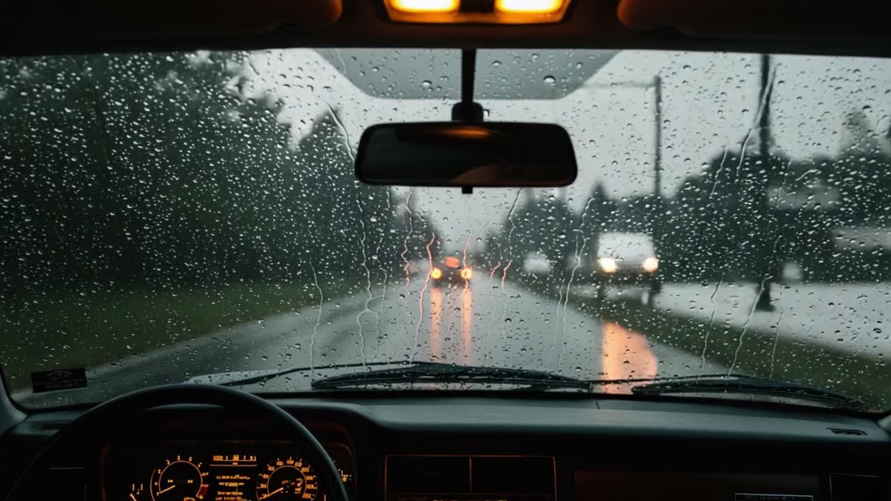 View from Inside a Car Driving in the Rain at Night