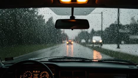 view from inside a car driving in the rain at night