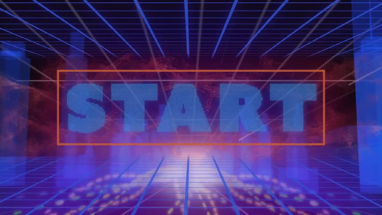 animación del banner de texto de inicio contra el modelo de ciudad 3d y los senderos de luz sobre la red de cuadrícula azul