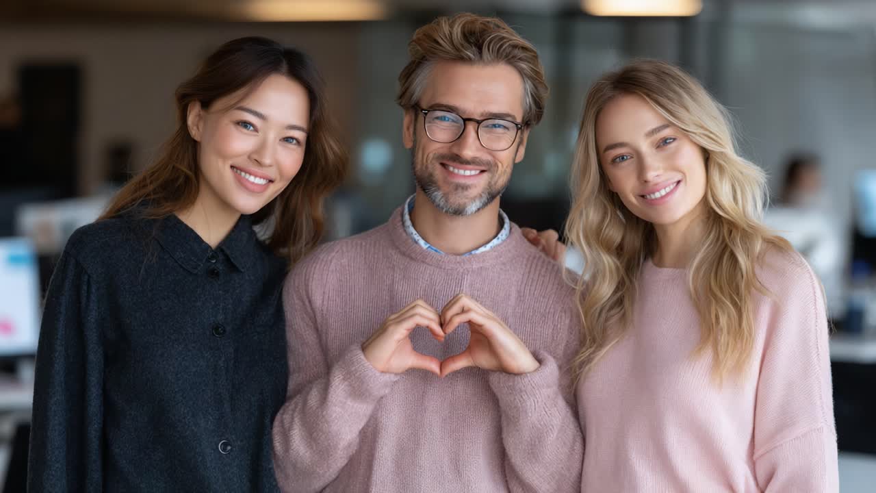 A Warm Embrace of Friendship: Three Smiling Individuals in Cozy Sweaters Joyfully Making a Heart Shape with Their Hands in a Cheerful Office Setting