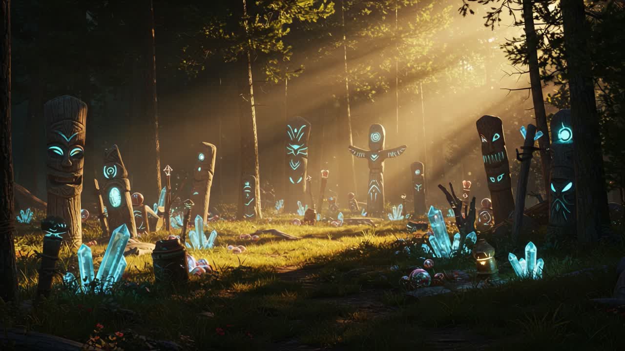 Enchanted Forest Scene with Mystical Totems and Glowing Crystals Illuminated by Rays of Light Filtering Through Lush Greenery, Creating a Magical Atmosphere