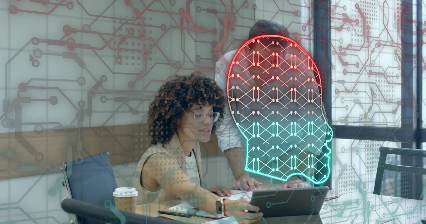 Male colleague pointing notes triggers woman tapping tablet annotating with overlay for tech review