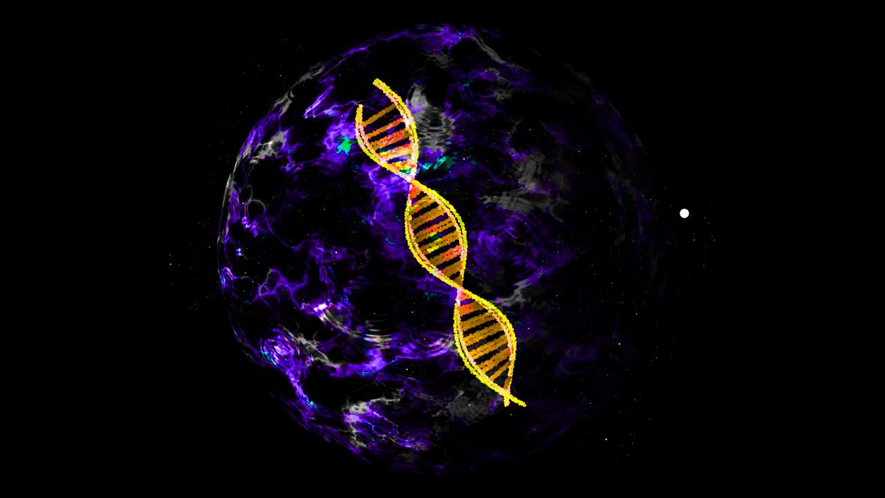 Abstract DNA core visualization wave technology digital violet energy sphere surface and particles outside
