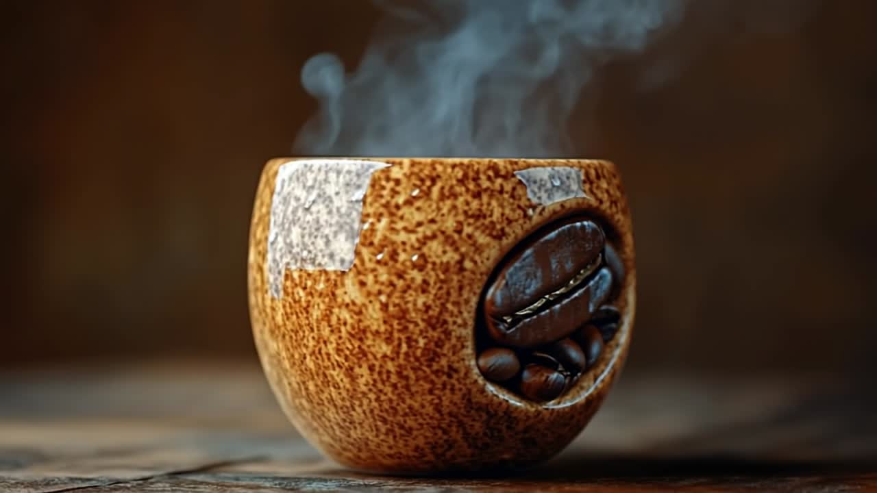 Warm coffee cup with steam rising. A warm cup filled with steaming coffee sits on a wooden surface, inviting a moment of relaxation and enjoyment.