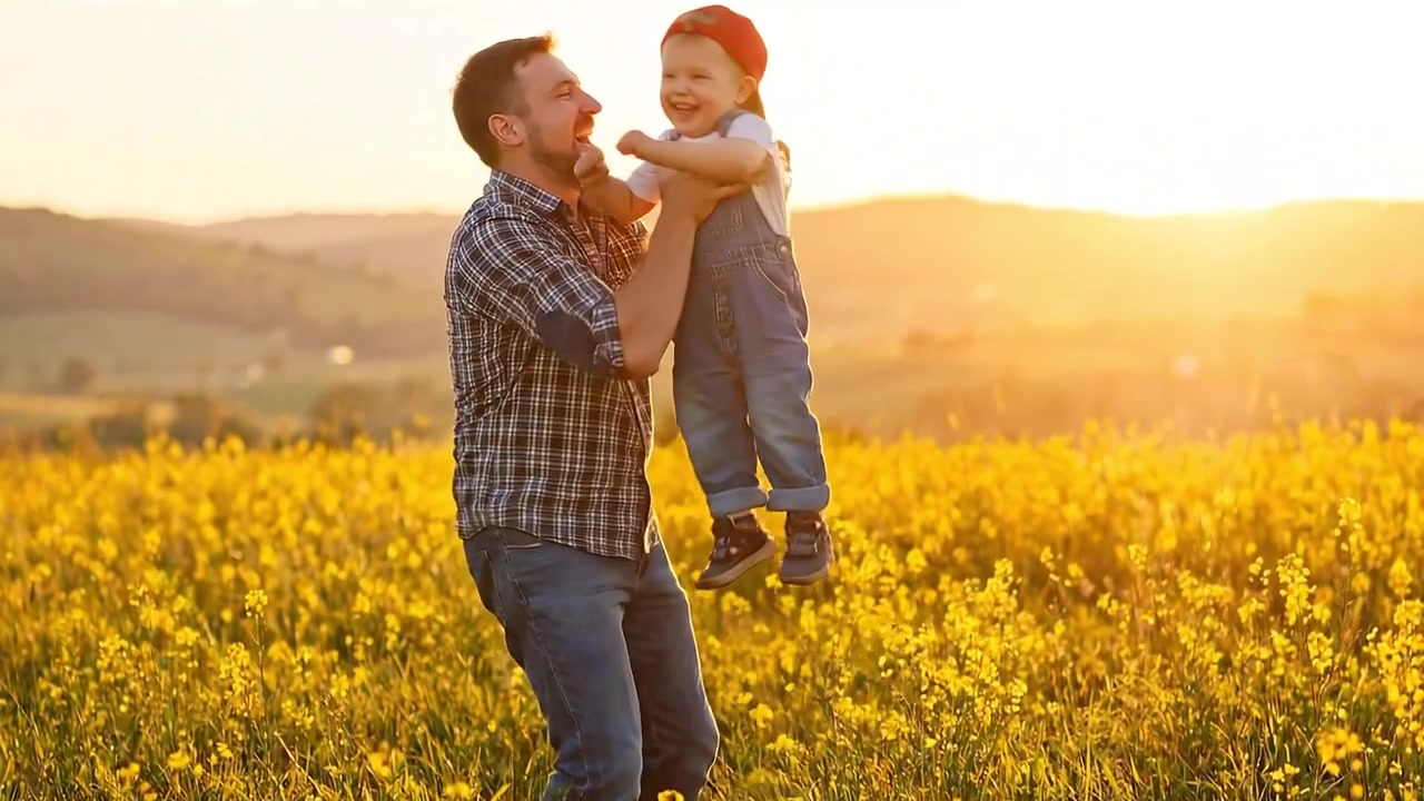 Padre che gioca e corre con il bambino piccolo in un campo fiorito di fiori gialli durante un tramonto dorato.