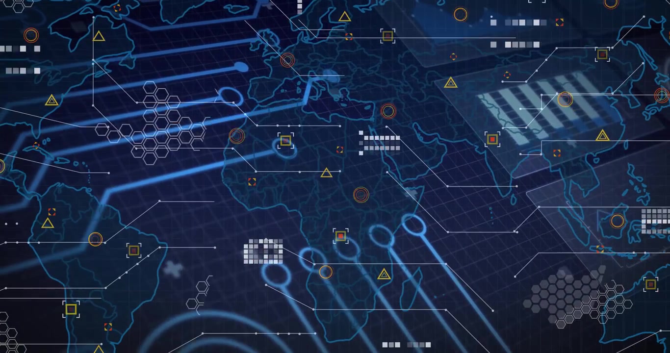 On startup, world map spawning circuits, alert icons and shifting hex grids for monitoring network