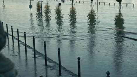 flooded street barriers and reflections of trees in the danube during budapest flood 2024