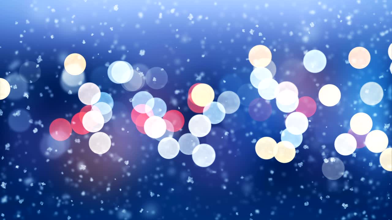 아름다운 눈이 내리는  바람이 도시의 불빛을 박이는 배경에서 없이 불고 있습니다. 느린 동작 루프 3d 애니메이션. 휴일 축제 개념.