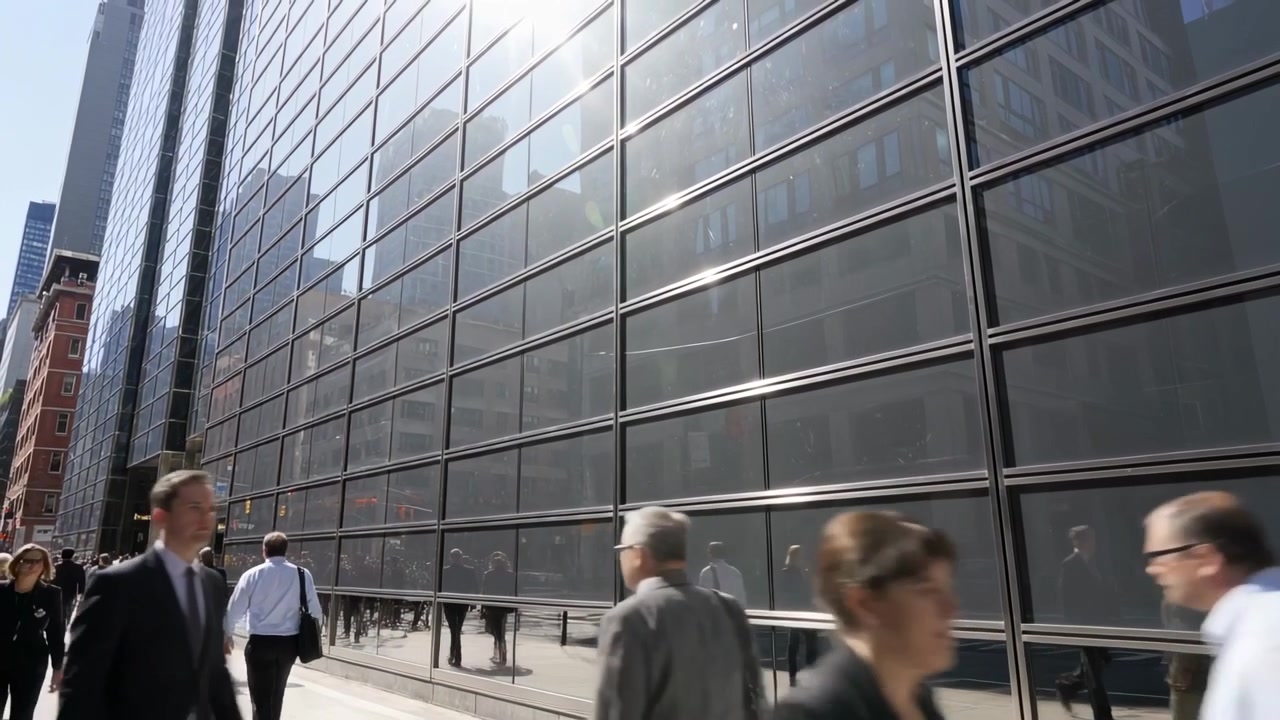 Gruppo di pendolari in abiti da lavoro che camminano lungo un marciapiede cittadino, riflettendosi nel vetro.
