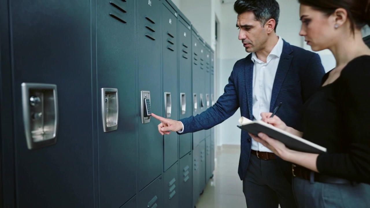 Tapping man in suit initiating lock check on keypad in corridor, woman noting in notebook