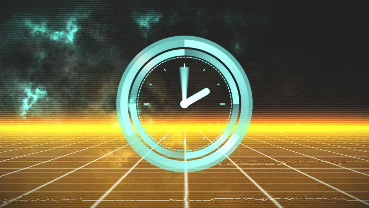 Animation of clock moving over neon lines on black background