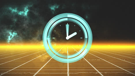 animation of clock moving over neon lines on black background