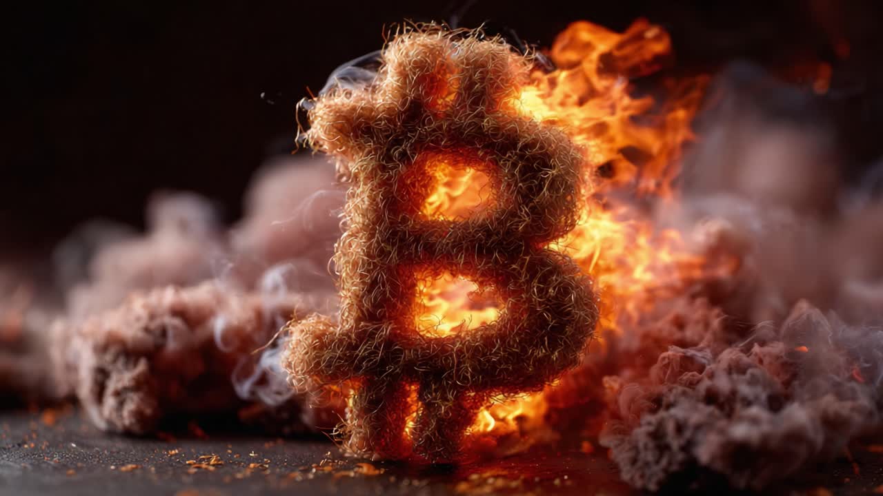 Una rappresentazione drammatica del simbolo del Bitcoin che si infiamma tra fiamme e fumo, a rappresentare la volatilità e l'energia delle dinamiche del mercato delle criptovalute