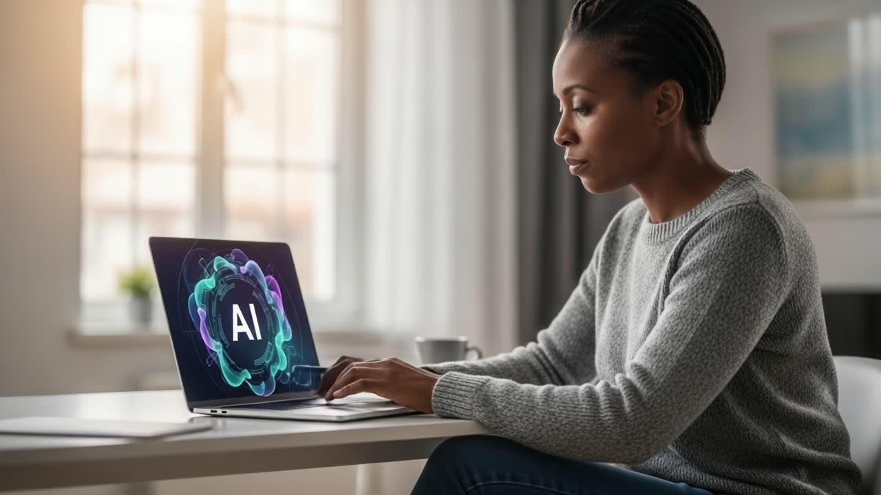 A focused individual engages with artificial intelligence technology on a laptop, showcasing the integration of modern digital advancements in a cozy workspace environment