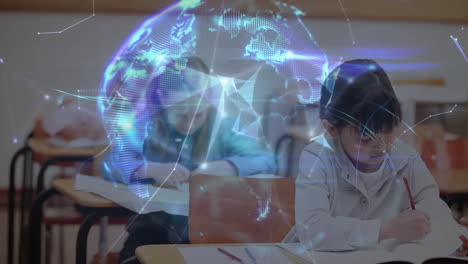 animation of globe with network of connections over schoolgirls writing