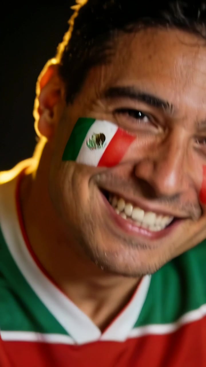 Video vertical: Aficionado masculino animando después de un gol en estudio, vistiendo camiseta verde, con pegatinas de la bandera de México