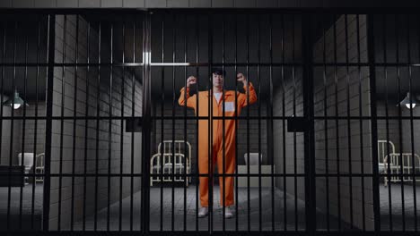 full body of asian male prisoner with broken handcuffs flexing his bicep while standing in prison