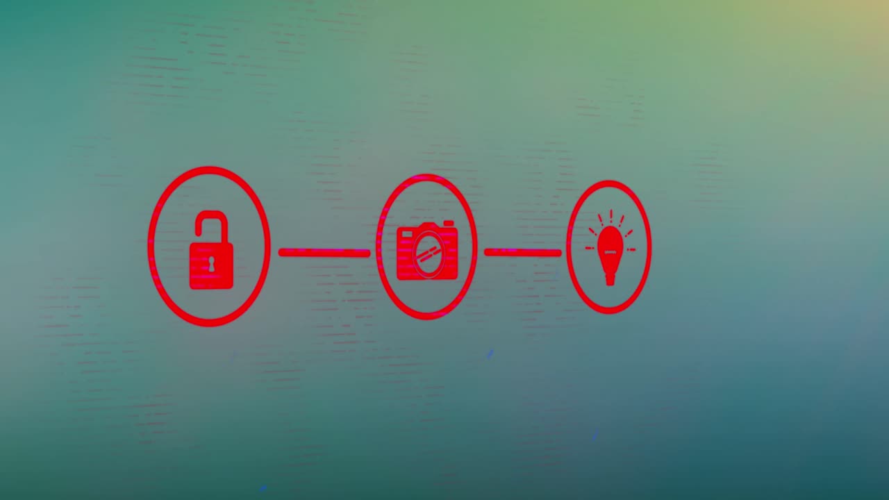 animación de un candado con cámara y bombilla que forma un diagrama de flujo en fondo azul