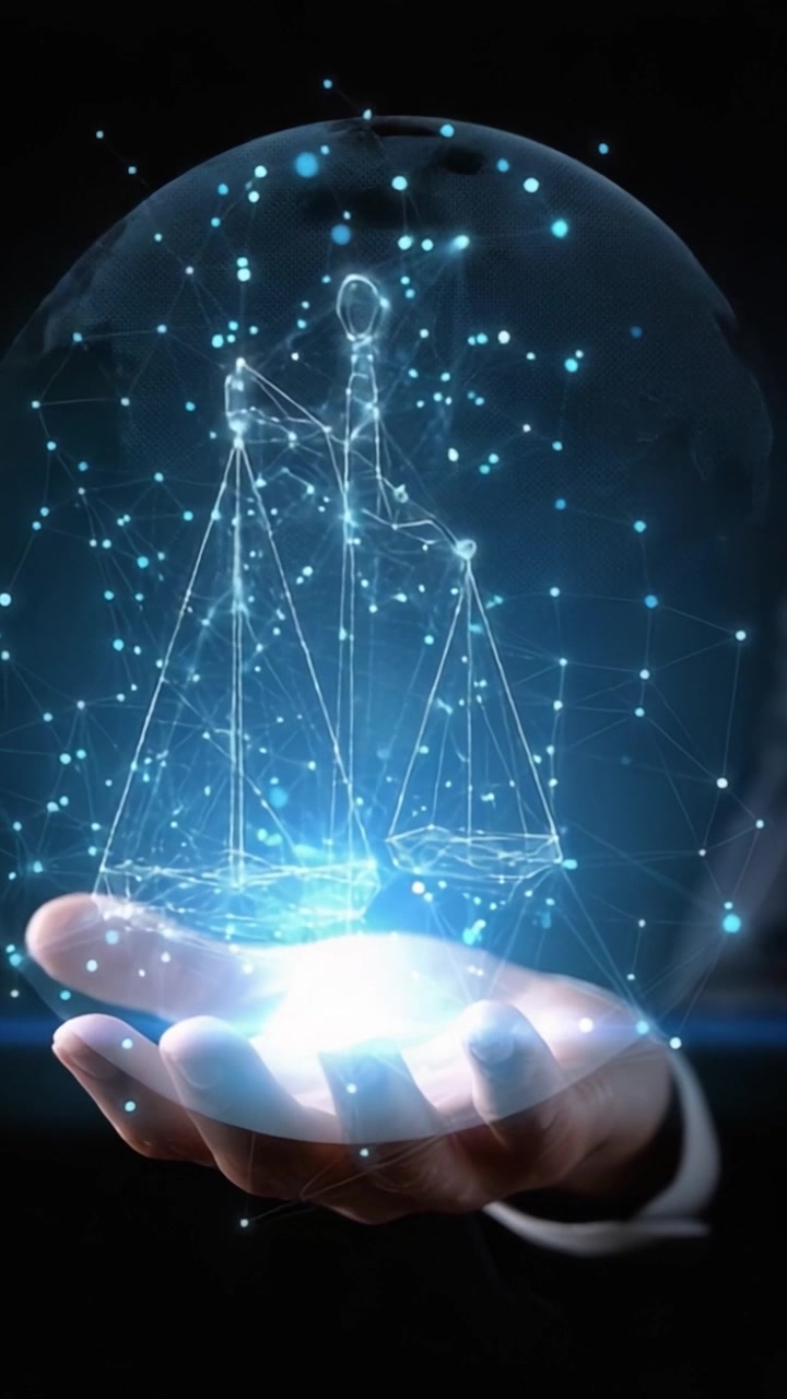Una rappresentazione luminosa della giustizia: Una mano che tiene una bilancia che simboleggia equilibrio ed equità nell'era digitale con un'estetica futuristica